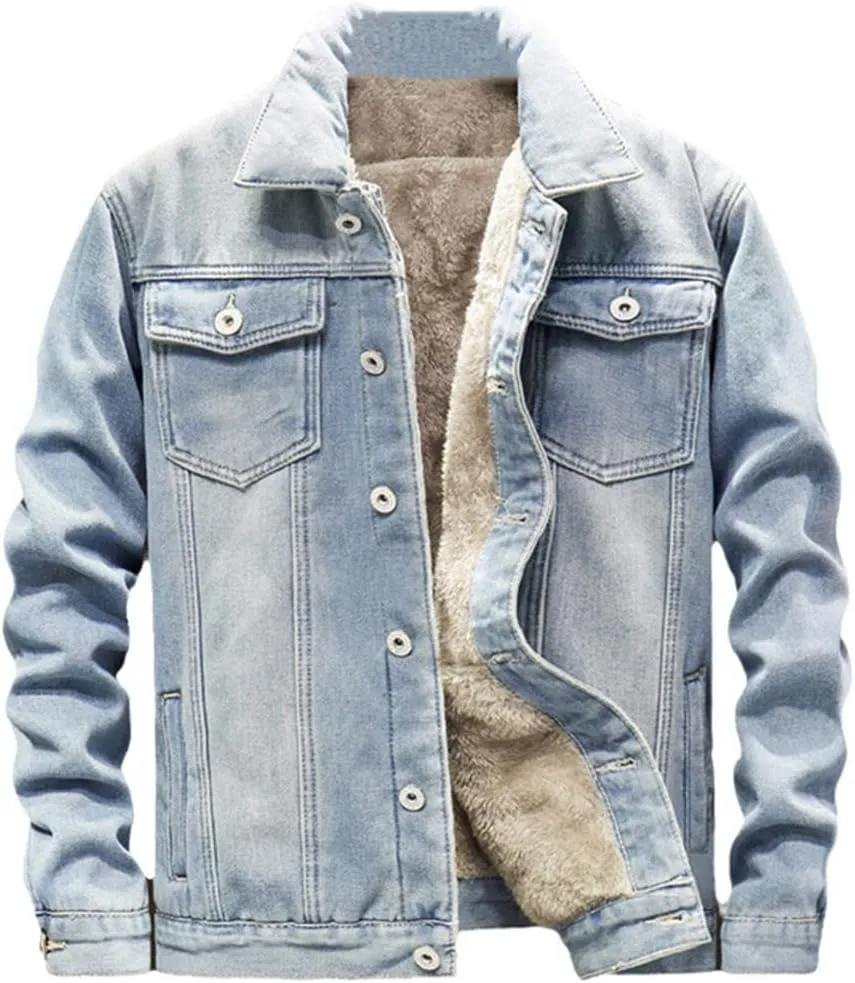 Men's Winter Warm Jean Coats Fleece Lined Thicken Thermal Denim Trucker Jacket Outerwear Plus Size