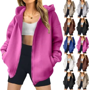 Miyaomn Womens Zip Up Hoodies Casual Loose Oversized Sweatshirt Long Sleeve Fleece Jackets Coat 2024 Fall Trendy Y2K Outfits