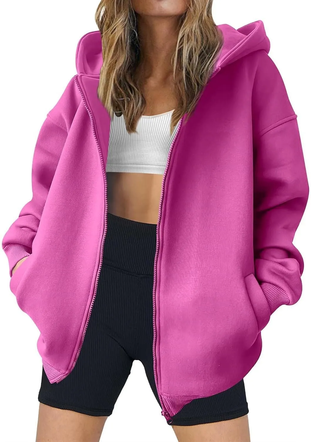 Miyaomn Womens Zip Up Hoodies Casual Loose Oversized Sweatshirt Long Sleeve Fleece Jackets Coat 2024 Fall Trendy Y2K Outfits