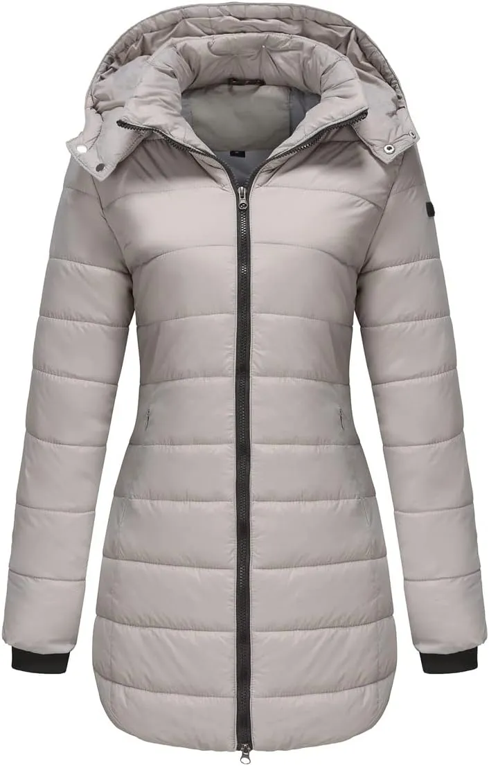 Mmoneyake Winter Jacket for Women Lightweight Water-Resistant Hooded Puffer Coat Zip Down Jacket Parka with Detachable Hood