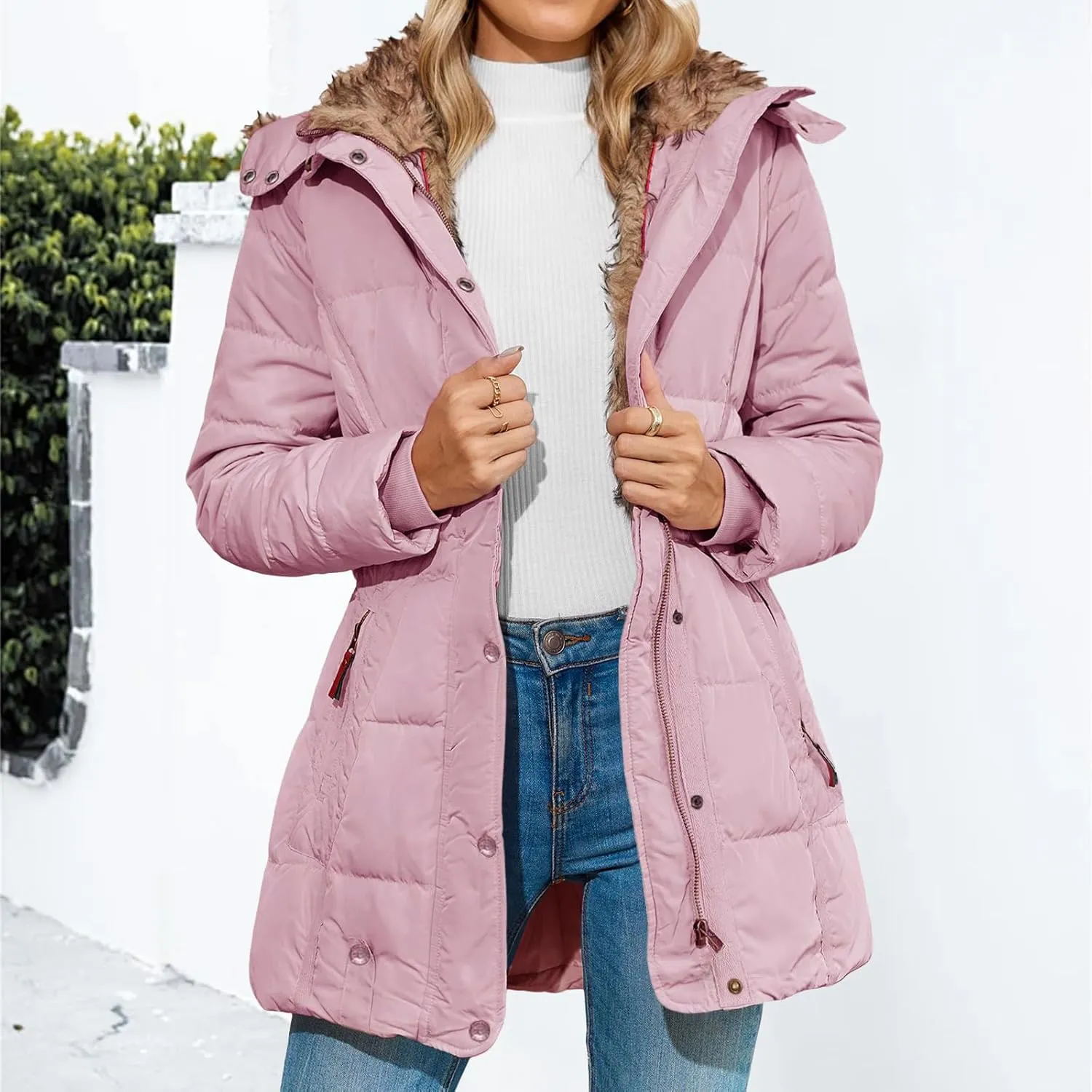 Mmoneyake Women's Winter Puffer Coat Fleece Lined Down Jacket Warm Thicken Long Parka Hooded Jacket Overcoat with Pockets