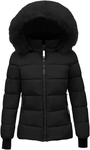 Mmoneyake Women's Winter Windproof Warm Down Coats Thicken Hooded Fashions Puffer Jacket Short Coat Parka with Faux Fur Hood