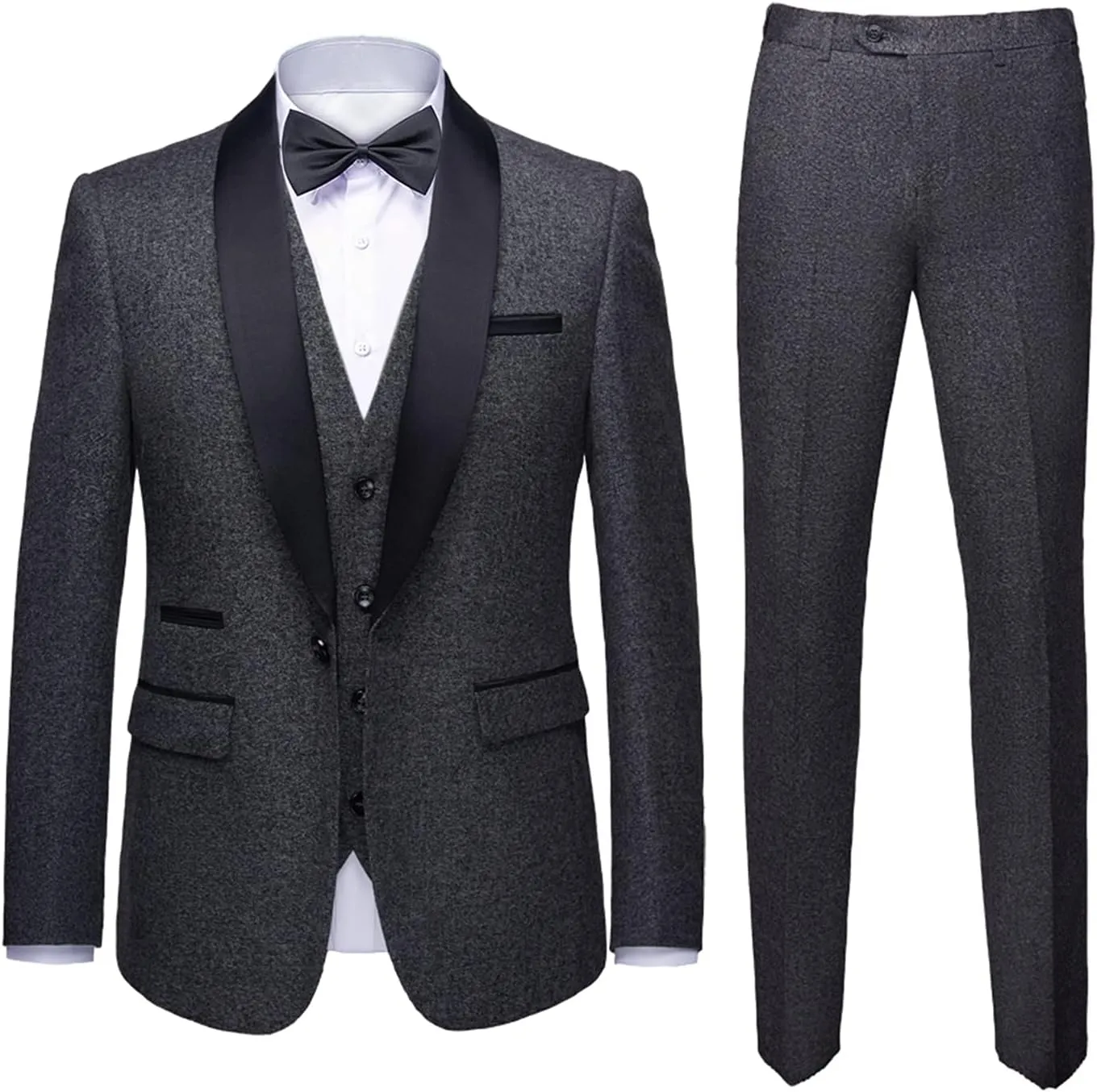 MY'S Mens 3-Piece Suit Shawl Lapel One Button Tuxedo Slim Fit Dinner Jacket Vest Pants & Tie Set