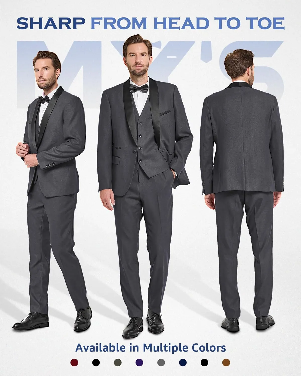 MY'S Mens 3-Piece Suit Shawl Lapel One Button Tuxedo Slim Fit Dinner Jacket Vest Pants & Tie Set