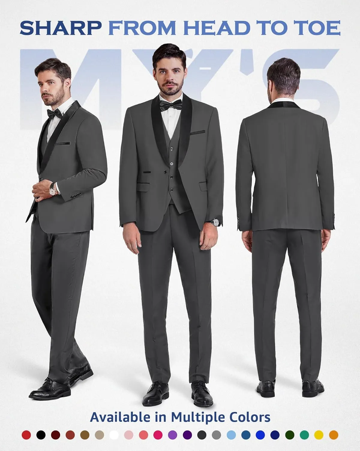 MY'S Mens 3-Piece Suit Shawl Lapel One Button Tuxedo Winter Fabric Slim Fit Dinner Jacket Vest Pants & Tie Set