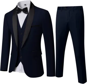 MY'S Mens 3-Piece Suit Shawl Lapel One Button Tuxedo Winter Fabric Slim Fit Dinner Jacket Vest Pants & Tie Set
