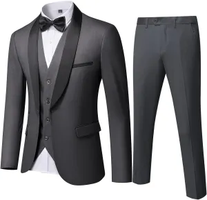 MY'S Mens 3-Piece Suit Shawl Lapel One Button Tuxedo Winter Fabric Slim Fit Dinner Jacket Vest Pants & Tie Set