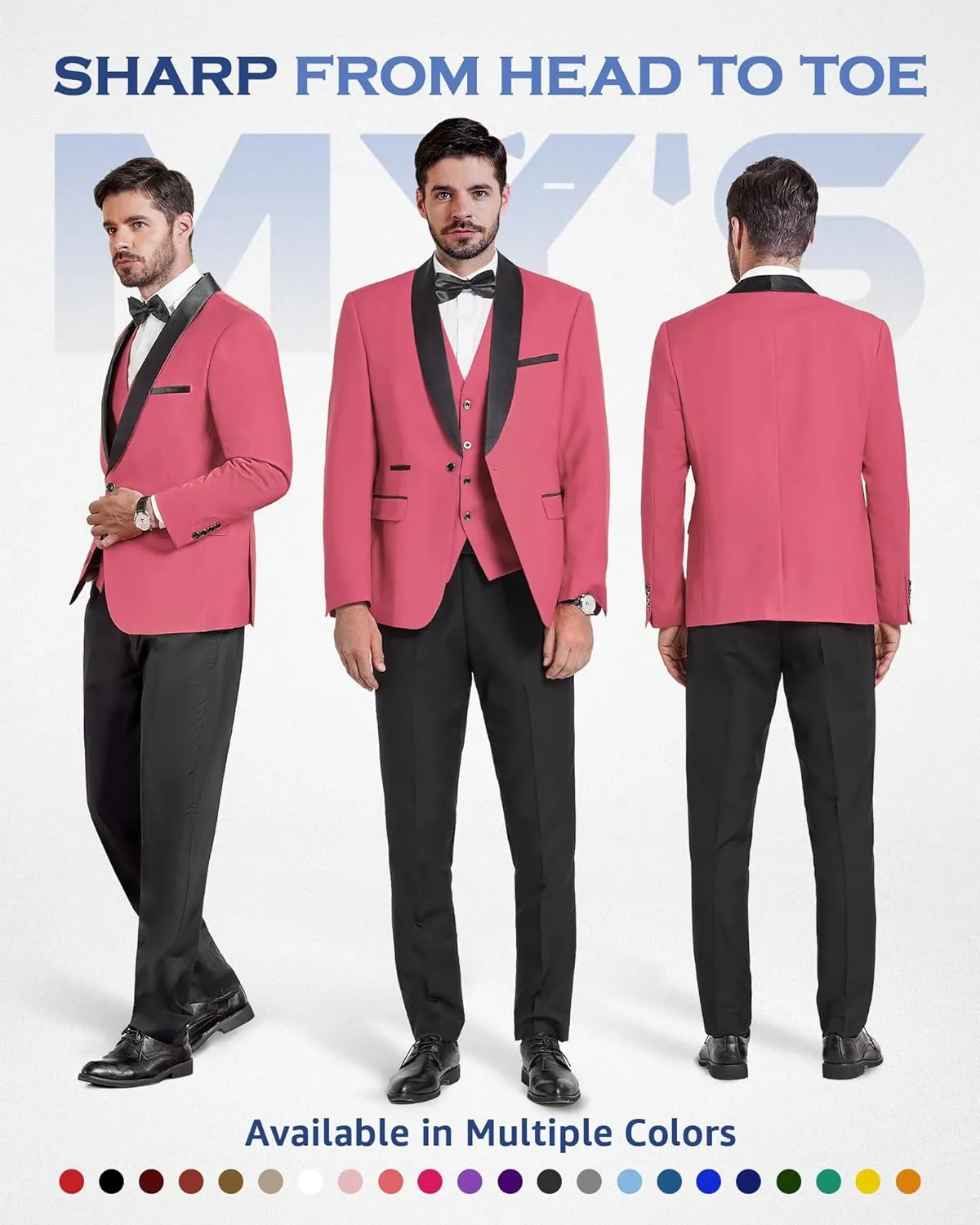 MY'S Mens 3-Piece Suit Shawl Lapel One Button Tuxedo Winter Fabric Slim Fit Dinner Jacket Vest Pants & Tie Set