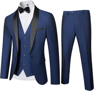 MY'S Mens 3-Piece Suit Shawl Lapel One Button Tuxedo Winter Fabric Slim Fit Dinner Jacket Vest Pants & Tie Set