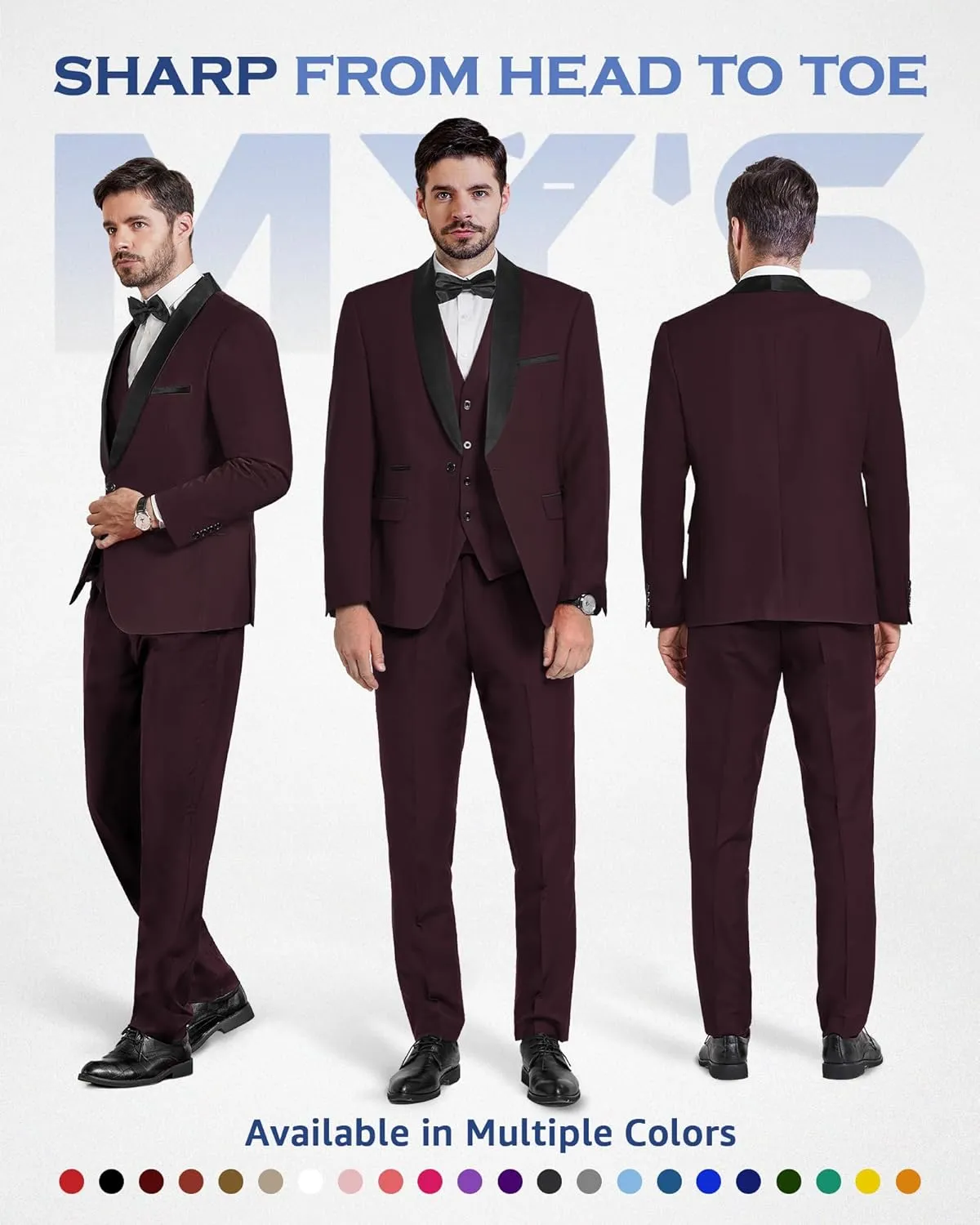 MY'S Mens 3-Piece Suit Shawl Lapel One Button Tuxedo Winter Fabric Slim Fit Dinner Jacket Vest Pants & Tie Set