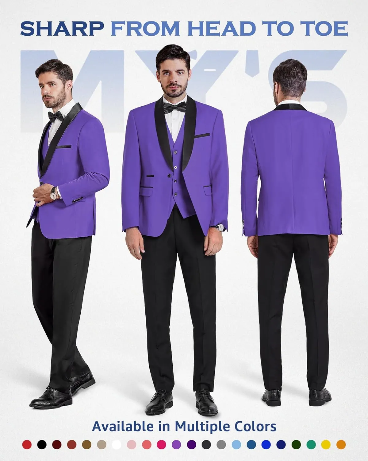 MY'S Mens 3-Piece Suit Shawl Lapel One Button Tuxedo Winter Fabric Slim Fit Dinner Jacket Vest Pants & Tie Set