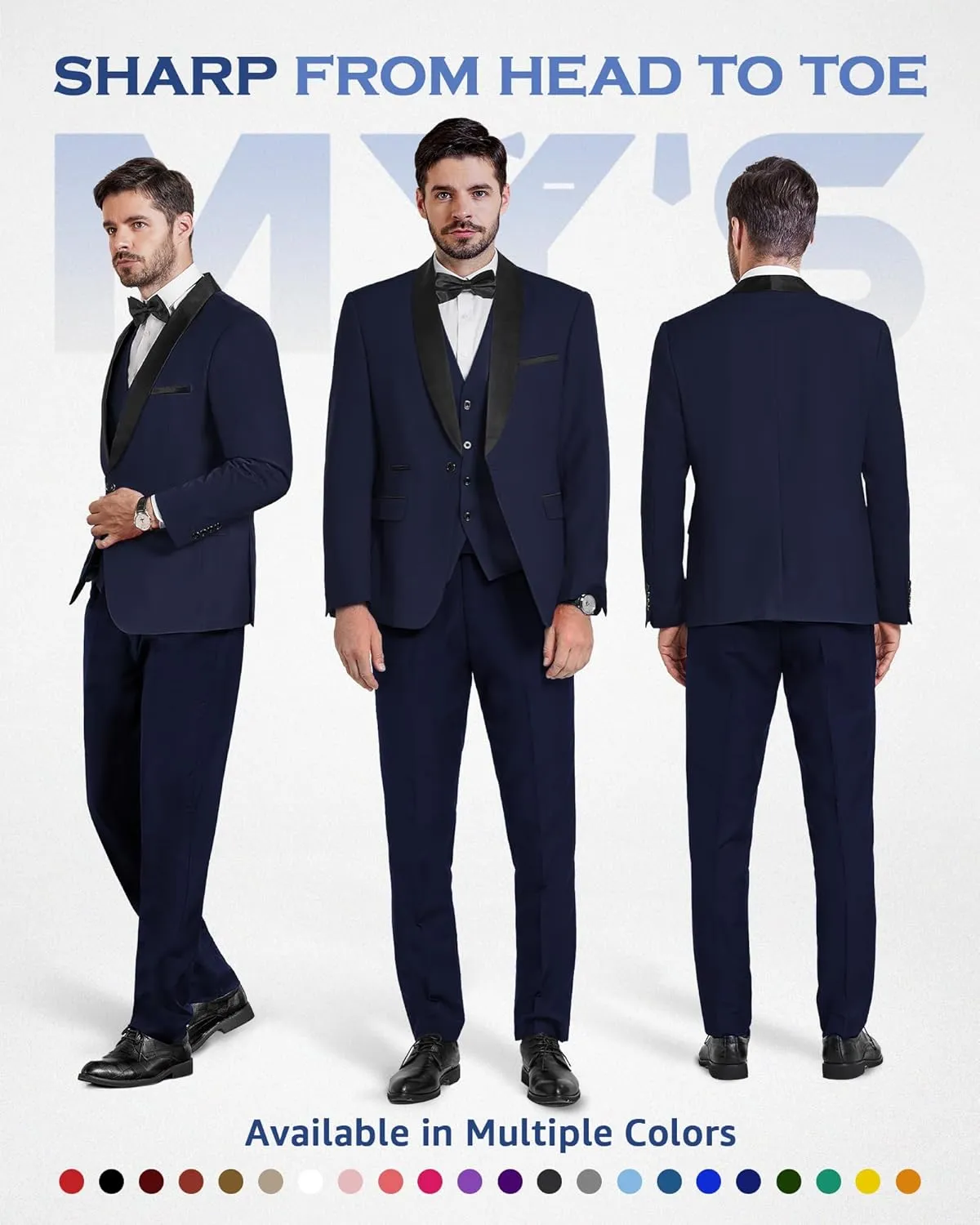 MY'S Mens 3-Piece Suit Shawl Lapel One Button Tuxedo Winter Fabric Slim Fit Dinner Jacket Vest Pants & Tie Set