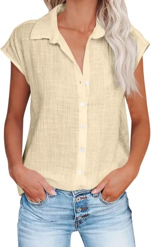 Mzkdieey Linen Button Down Shirt Women Short Sleeve V Neck Collared Blouse Summer Beach Cotton T-Shirts Casual Work Tops