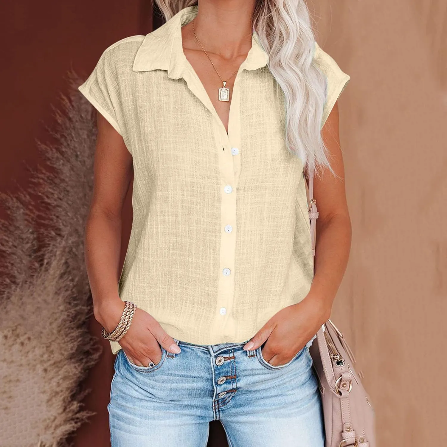 Mzkdieey Linen Button Down Shirt Women Short Sleeve V Neck Collared Blouse Summer Beach Cotton T-Shirts Casual Work Tops