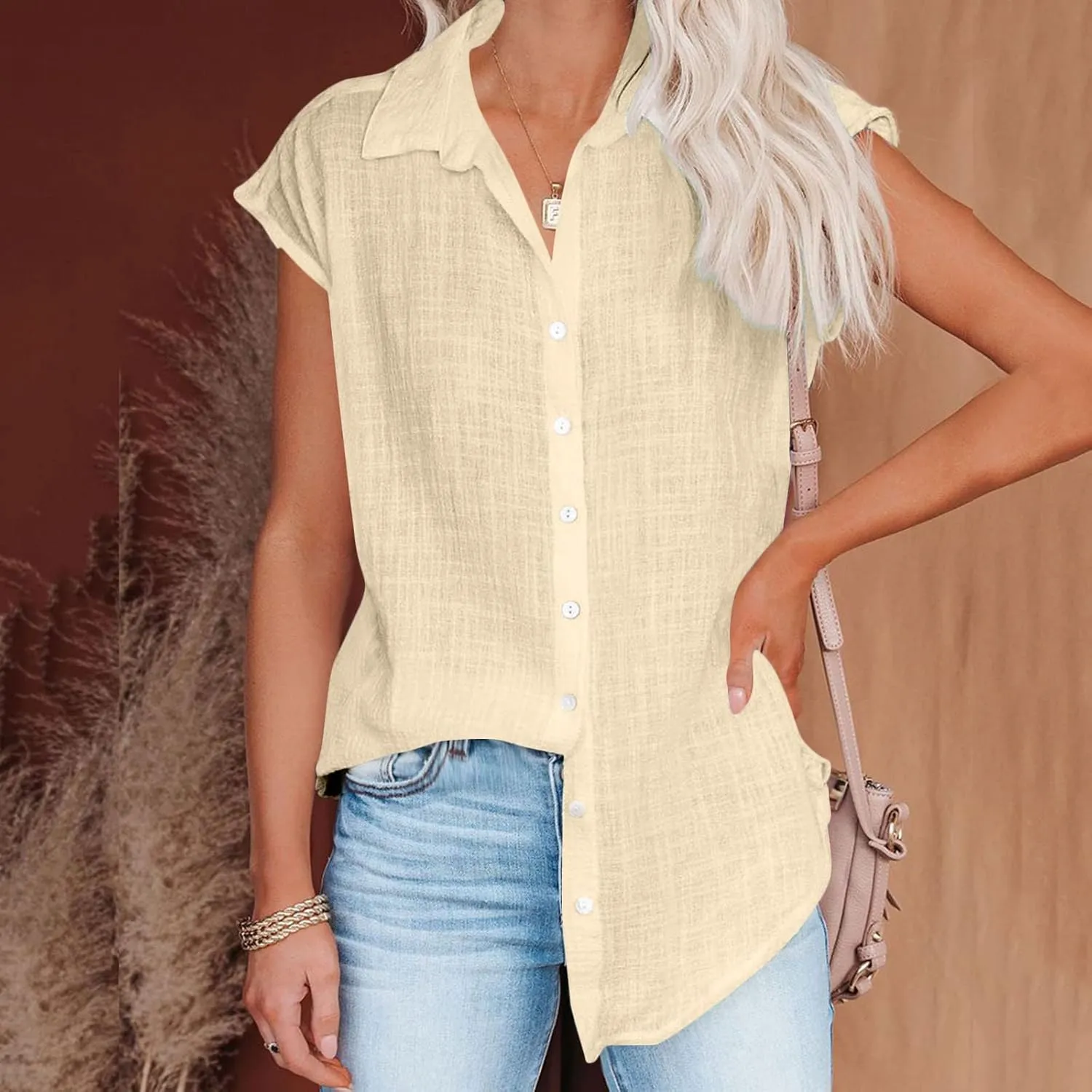 Mzkdieey Linen Button Down Shirt Women Short Sleeve V Neck Collared Blouse Summer Beach Cotton T-Shirts Casual Work Tops