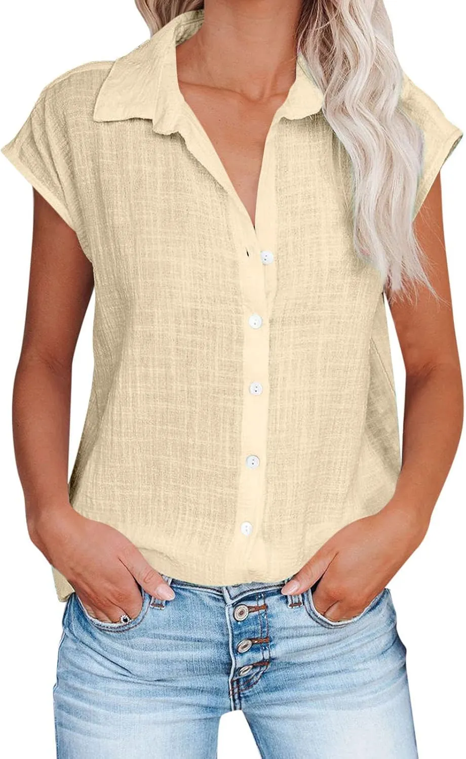 Mzkdieey Linen Button Down Shirt Women Short Sleeve V Neck Collared Blouse Summer Beach Cotton T-Shirts Casual Work Tops