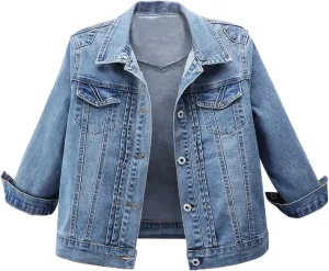 Omoone Women's 3/4 Sleeve Cropped Stretch Slim Denim Trucker Jacket Jean Coats Tops