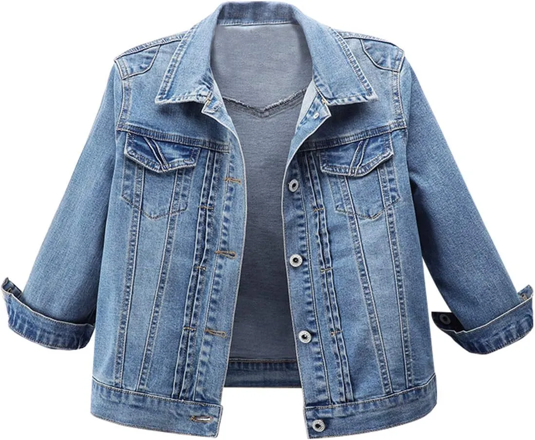 Omoone Women's 3/4 Sleeve Cropped Stretch Slim Denim Trucker Jacket Jean Coats Tops