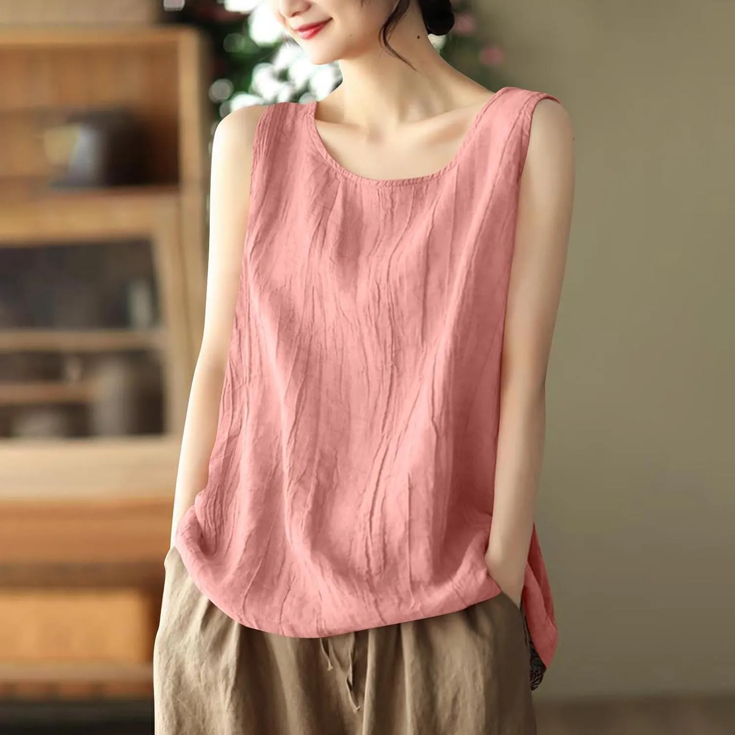 Oplxuo Cotton Linen Tank Tops for Women Loose Fit Sleeveless Round Neck Tee Shirts Summer Casual Flowy Blouses Tunic Tops