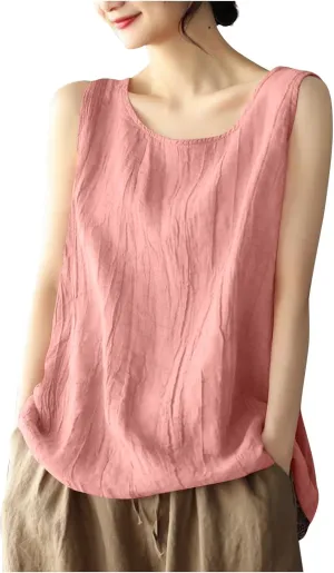 Oplxuo Cotton Linen Tank Tops for Women Loose Fit Sleeveless Round Neck Tee Shirts Summer Casual Flowy Blouses Tunic Tops