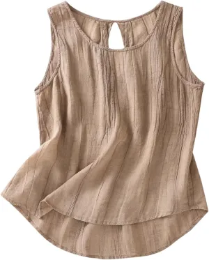 Oplxuo Linen Tank Tops for Women Trendy Cotton Crew Neck Sleeveless Shirts Casual Fashion Solid Blouses Summer Loose Fit Tees