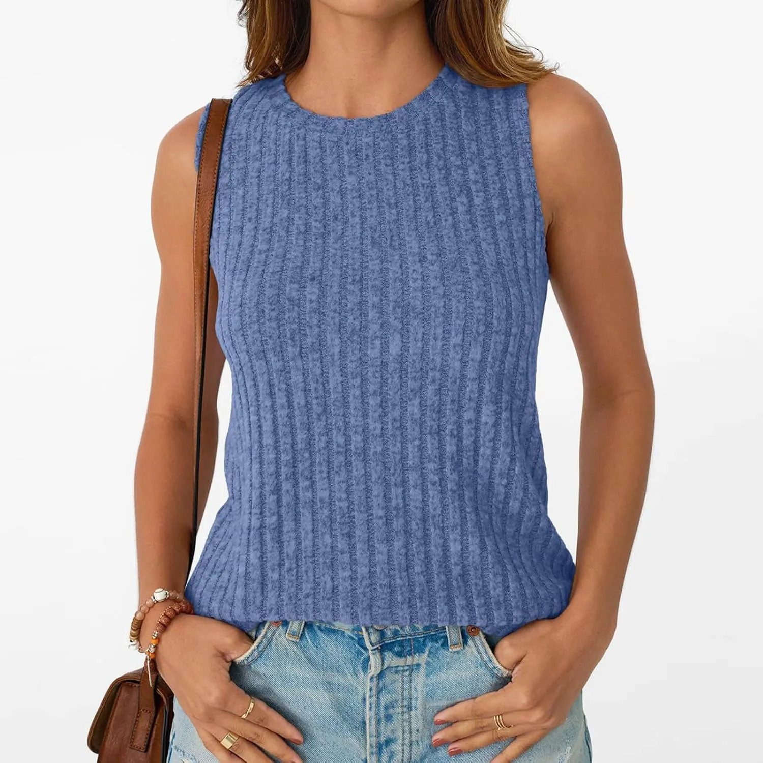 Oplxuo Womens Crew Neck Ribbed Tank Tops Sleeveless Basic Tops Sexy Slim Fit Tee Shirts Summer Clothes 2025