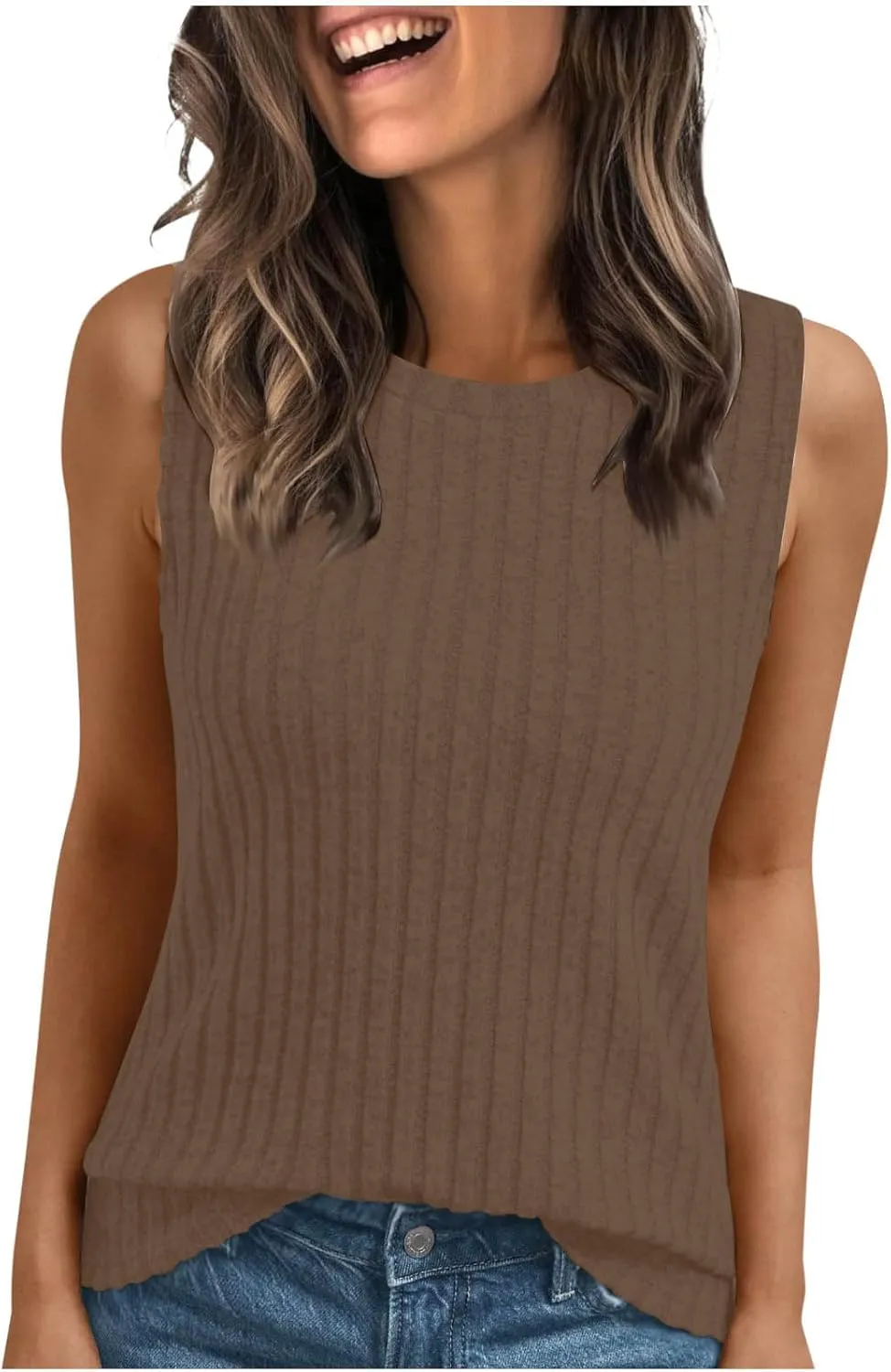Oplxuo Womens Crew Neck Ribbed Tank Tops Sleeveless Basic Tops Sexy Slim Fit Tee Shirts Summer Clothes 2025