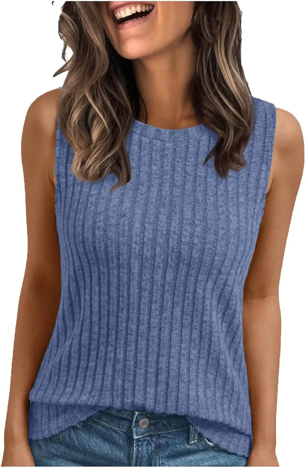 Oplxuo Womens Crew Neck Ribbed Tank Tops Sleeveless Basic Tops Sexy Slim Fit Tee Shirts Summer Clothes 2025