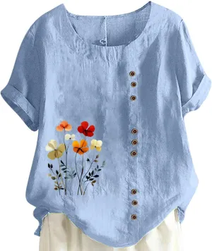 Oversized Cotton Linen Shirts for Women Trendy Floral Print Short Sleeve Tops Dressy Casual Crew Neck Summer Blouses