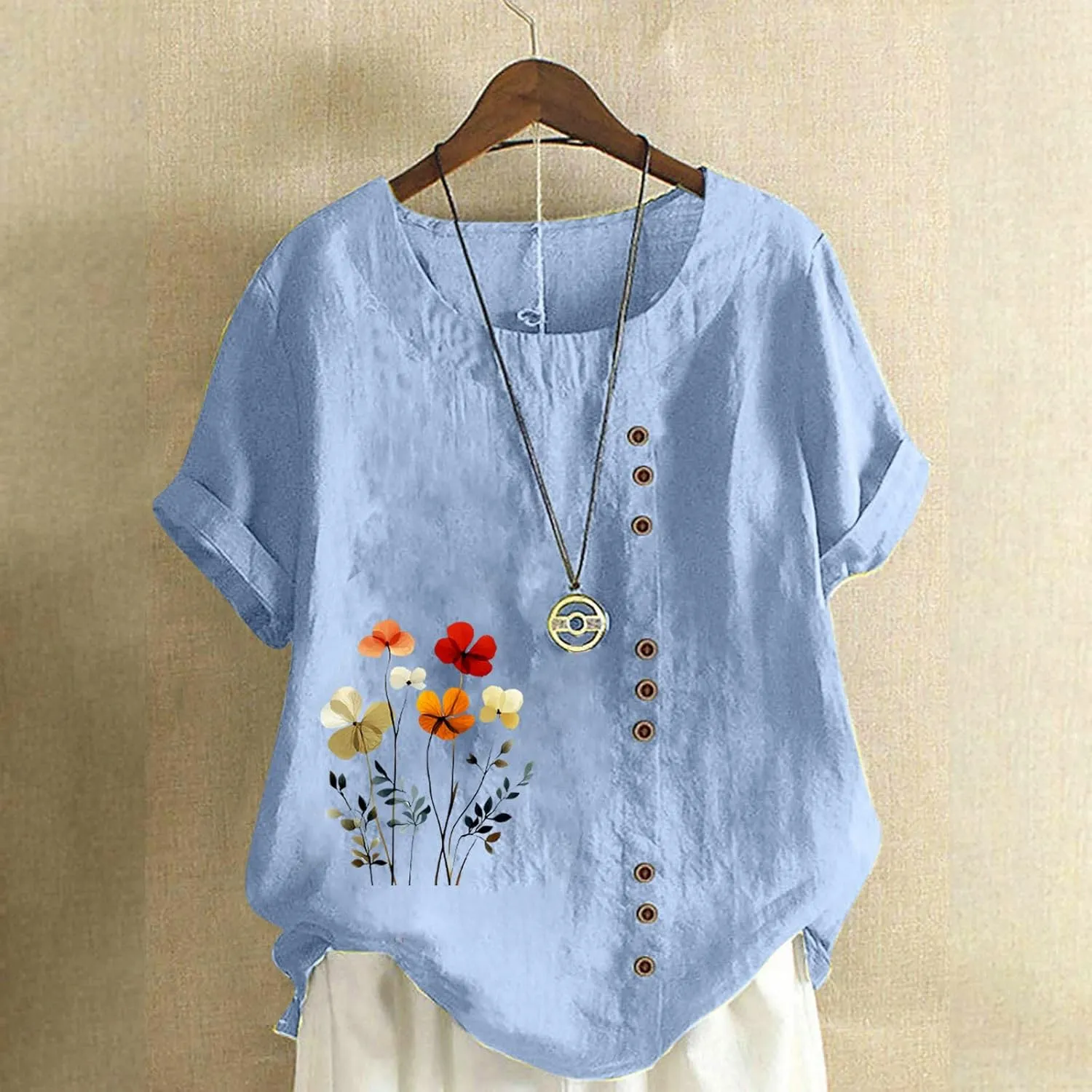 Oversized Cotton Linen Shirts for Women Trendy Floral Print Short Sleeve Tops Dressy Casual Crew Neck Summer Blouses