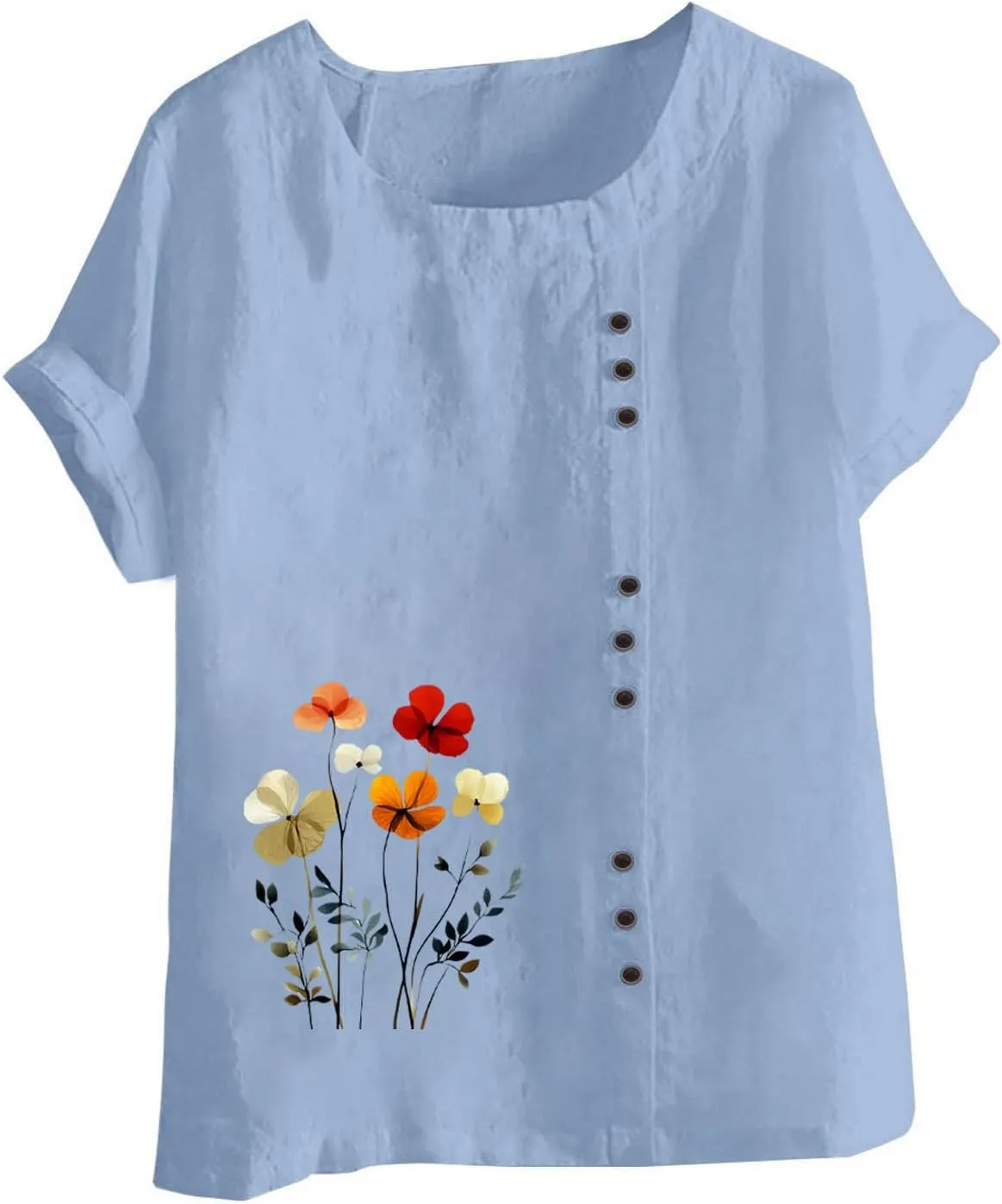Oversized Cotton Linen Shirts for Women Trendy Floral Print Short Sleeve Tops Dressy Casual Crew Neck Summer Blouses