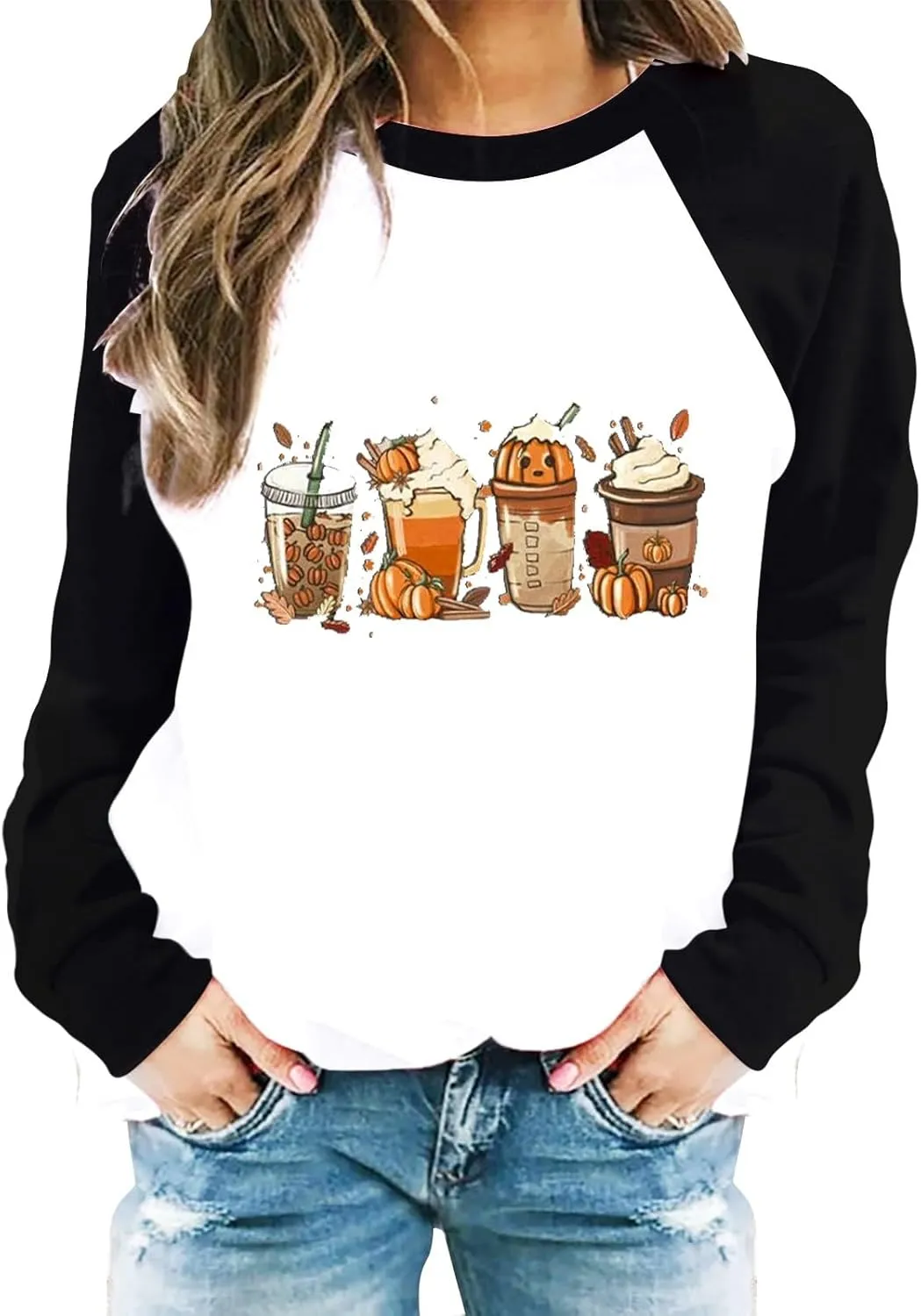 Oversized Sweatshirt for Women Halloween Graphic Cute T Shirts Long Sleeve Crew Neck Color Block Loose Casual Tops