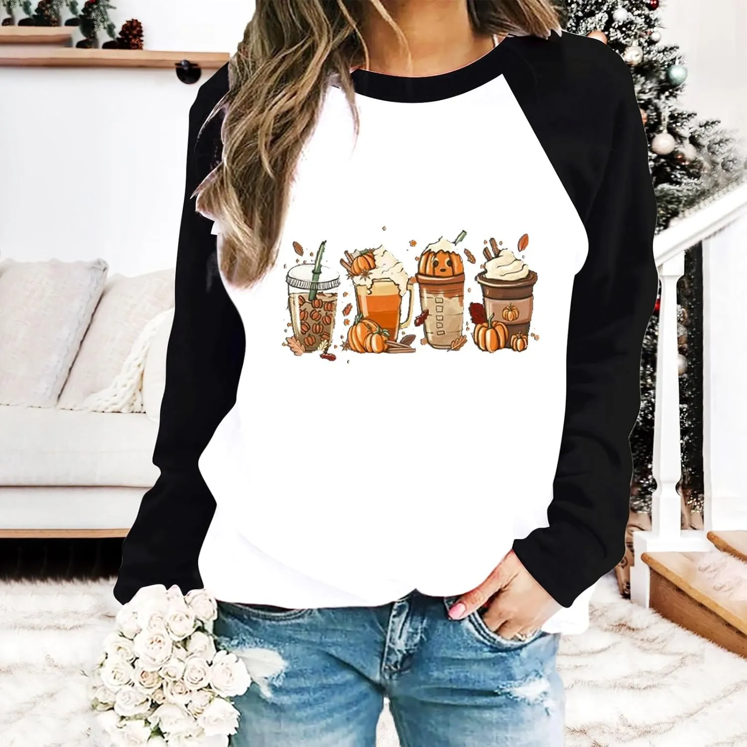Oversized Sweatshirt for Women Halloween Graphic Cute T Shirts Long Sleeve Crew Neck Color Block Loose Casual Tops