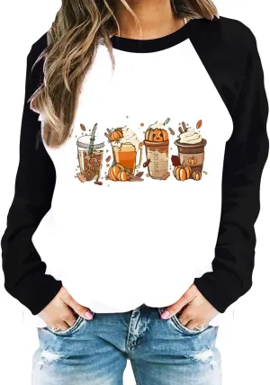 Oversized Sweatshirt for Women Halloween Graphic Cute T Shirts Long Sleeve Crew Neck Color Block Loose Casual Tops