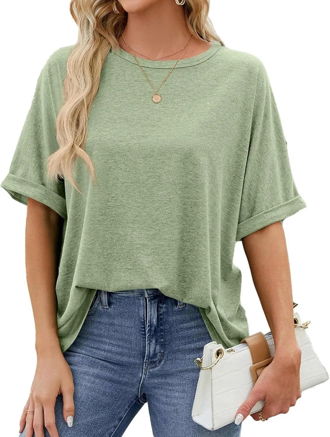 Oversized Tshirts for Women Half Sleeve Crewneck Cute Summer Tops Dressy Casual Elbow Length Tee Shirts Womens