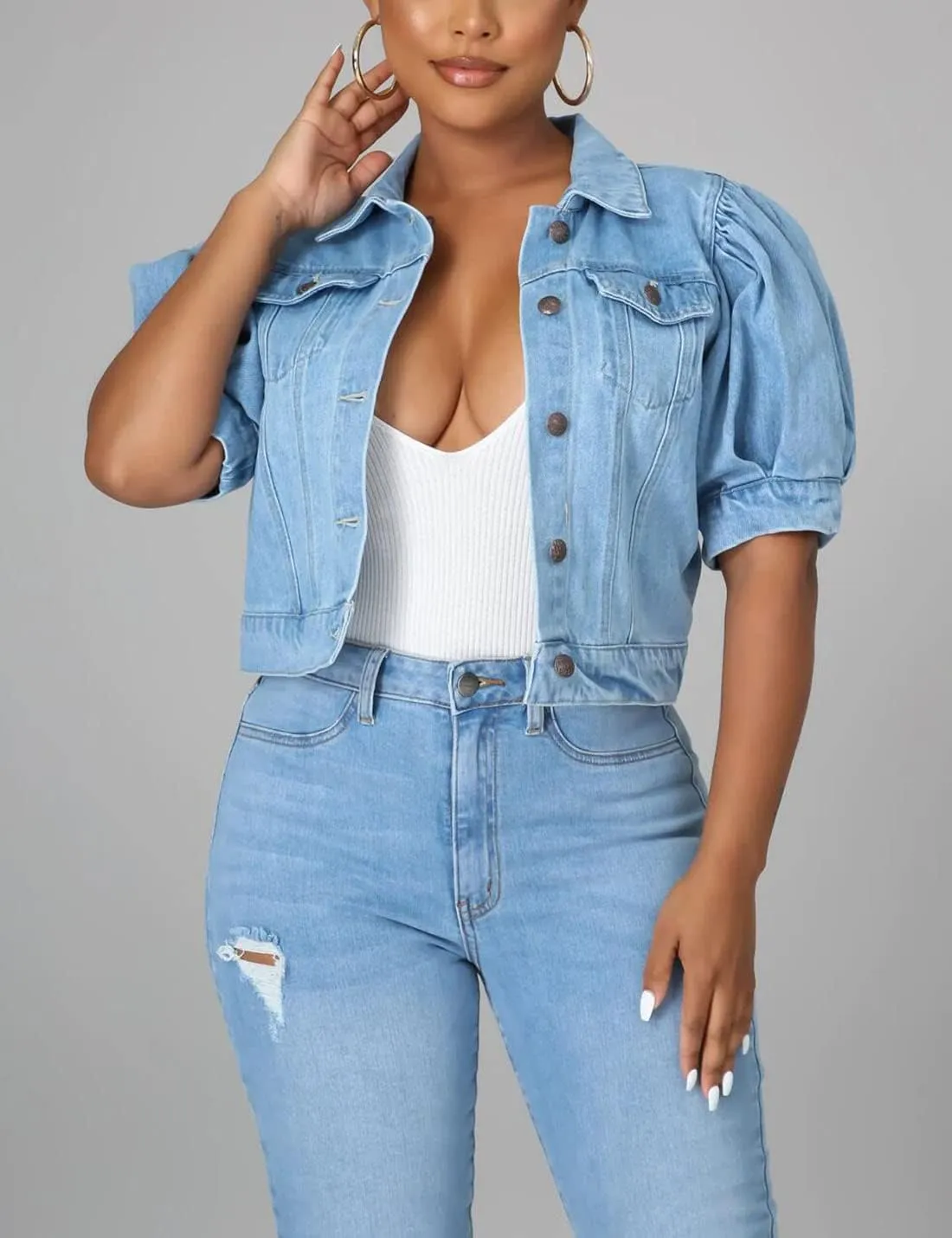 PAODIKUAI Women's Casual Puff Sleeve Frayed Slim Cropped Denim Jean Jacket
