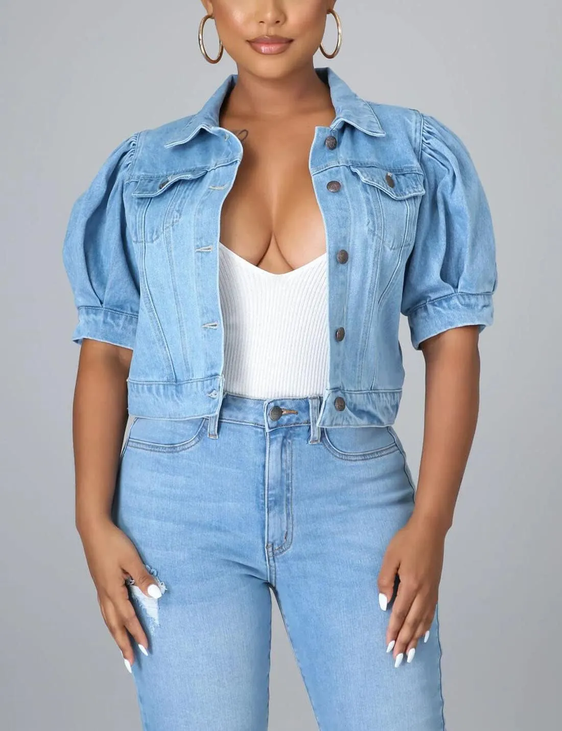 PAODIKUAI Women's Casual Puff Sleeve Frayed Slim Cropped Denim Jean Jacket