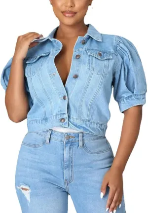 PAODIKUAI Women's Casual Puff Sleeve Frayed Slim Cropped Denim Jean Jacket