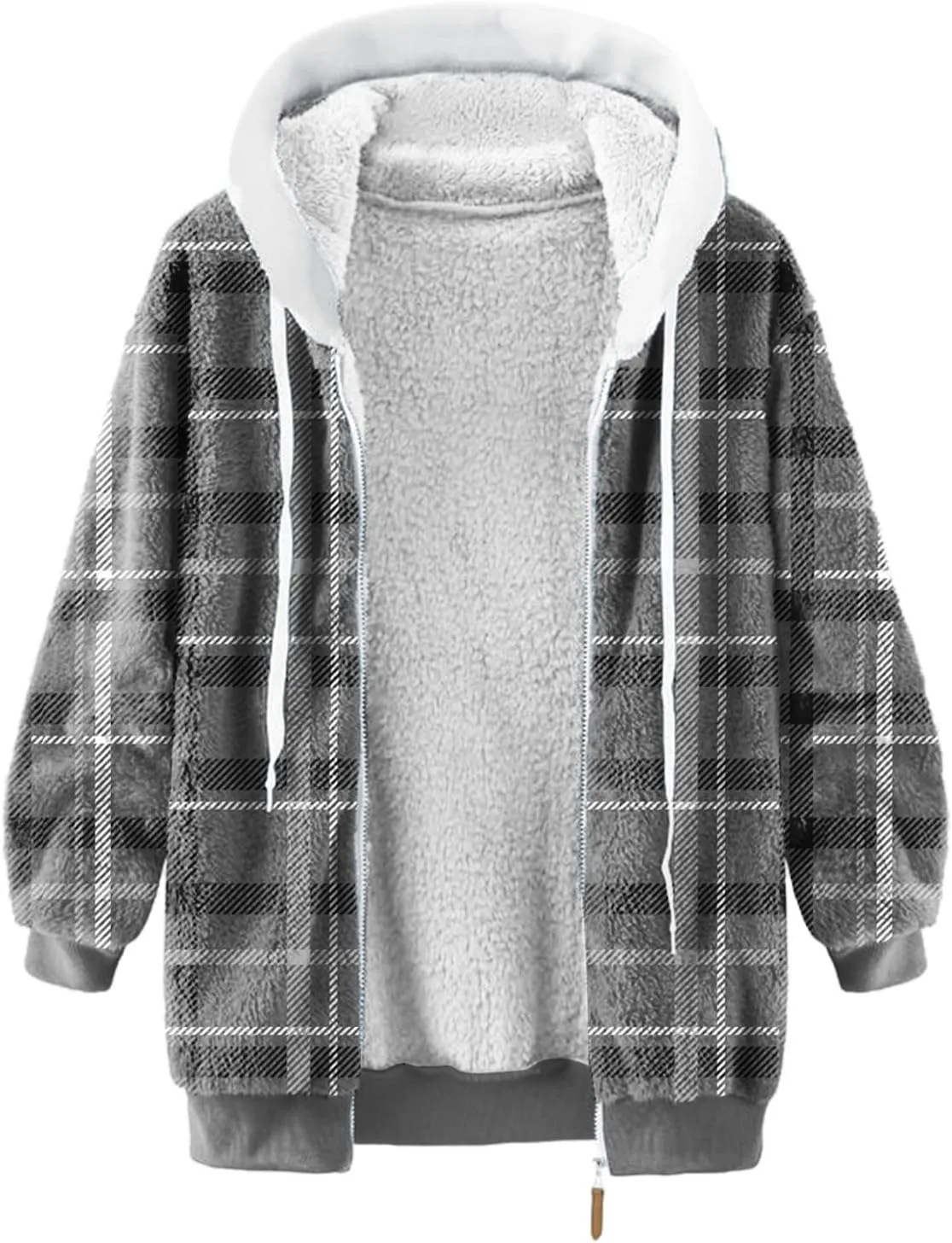 RKSTN Fashion Plaid Zip Up Hoodies Casial Fall Winter Coats for Women 2024 Oversized Outerwear Warm Plush Hooded Jacket Tops