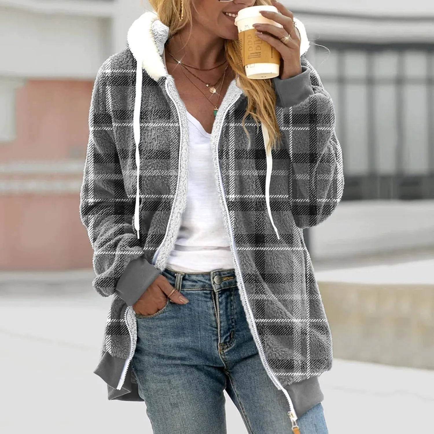 RKSTN Fashion Plaid Zip Up Hoodies Casial Fall Winter Coats for Women 2024 Oversized Outerwear Warm Plush Hooded Jacket Tops