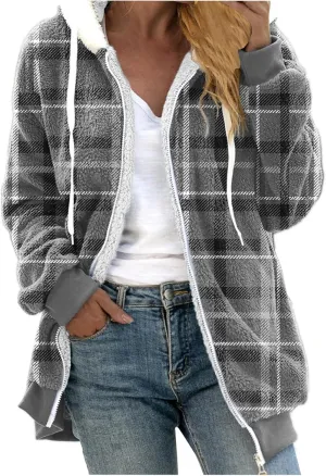 RKSTN Fashion Plaid Zip Up Hoodies Casial Fall Winter Coats for Women 2024 Oversized Outerwear Warm Plush Hooded Jacket Tops