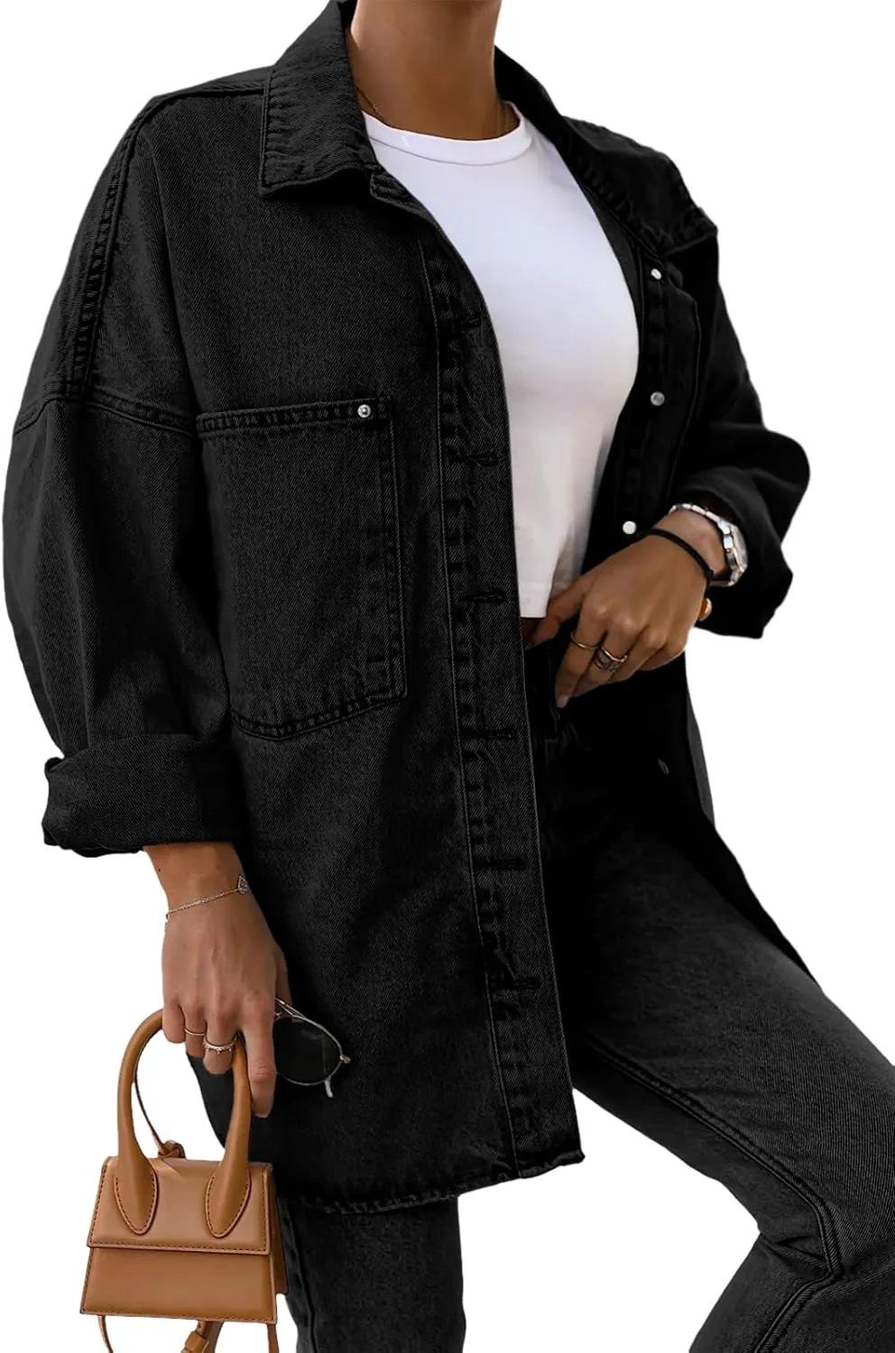Saodimallsu Women's Oversized Denim Jackets Casual Button Down Long Boyfriend Jean Coats with Pockets