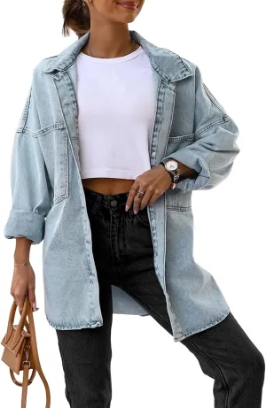 Saodimallsu Women's Oversized Denim Jackets Casual Button Down Long Boyfriend Jean Coats with Pockets