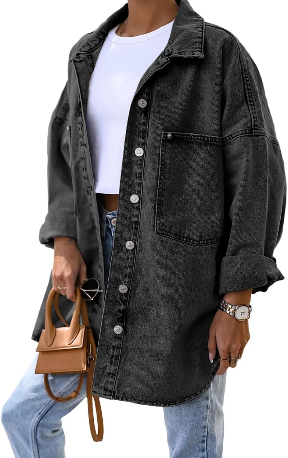 Saodimallsu Women's Oversized Denim Jackets Casual Button Down Long Boyfriend Jean Coats with Pockets