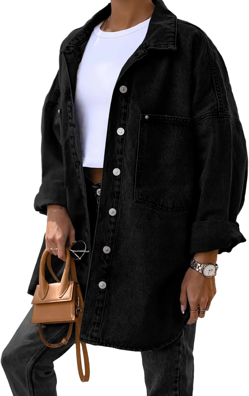 Saodimallsu Women's Oversized Denim Jackets Casual Button Down Long Boyfriend Jean Coats with Pockets