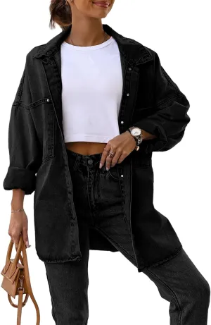 Saodimallsu Women's Oversized Denim Jackets Casual Button Down Long Boyfriend Jean Coats with Pockets