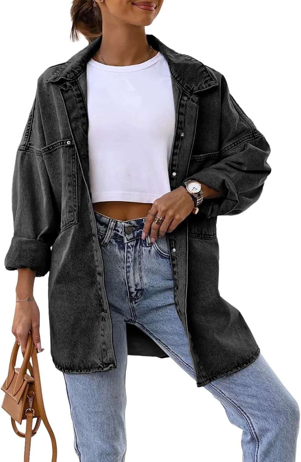 Saodimallsu Women's Oversized Denim Jackets Casual Button Down Long Boyfriend Jean Coats with Pockets