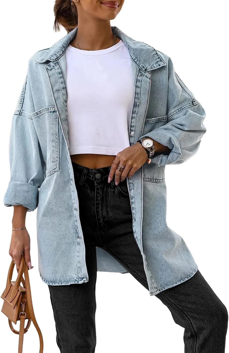 Saodimallsu Women's Oversized Denim Jackets Casual Button Down Long Boyfriend Jean Coats with Pockets