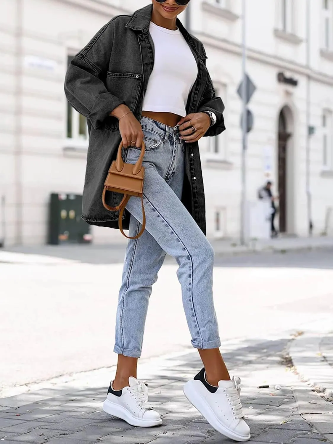 Saodimallsu Women's Oversized Denim Jackets Casual Button Down Long Boyfriend Jean Coats with Pockets