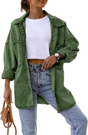 Saodimallsu Women's Oversized Denim Jackets Casual Button Down Long Boyfriend Jean Coats with Pockets